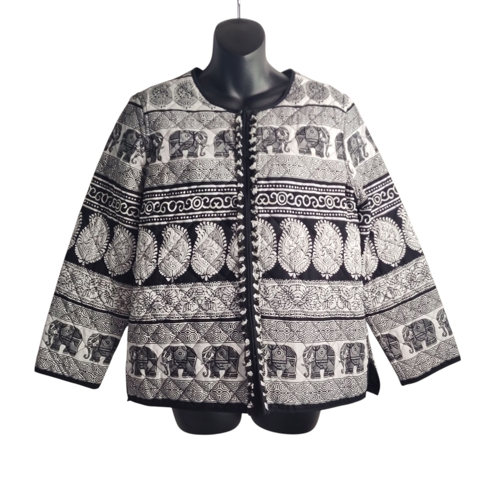 Ruby Road Women's Black White Boho Quilted Cotton Hook Light Jacket Size 10